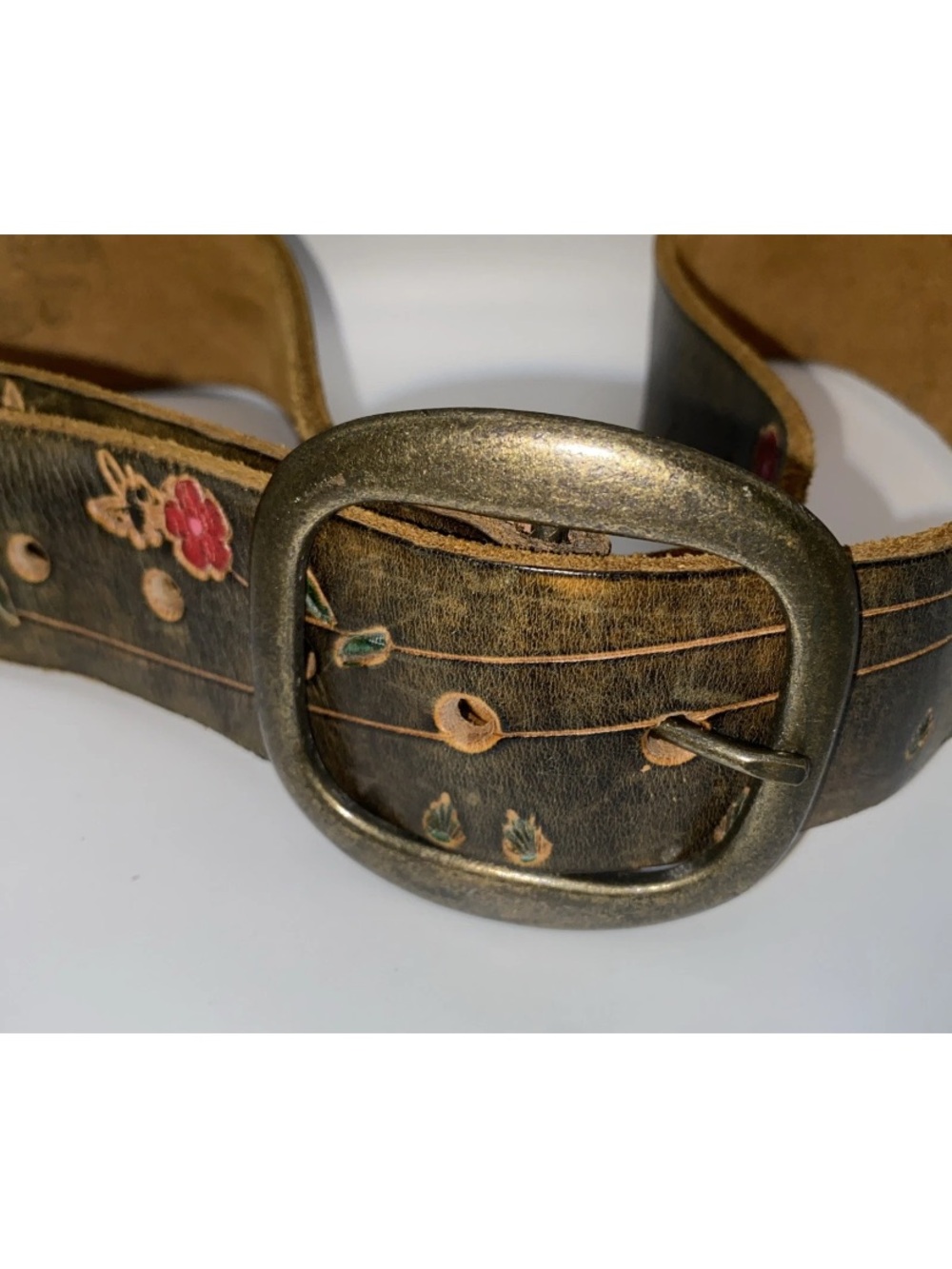 Vintage TYCHIOS LEATHER Belt-Brass Buckle-Hand Tooled/Painted-SZ 34-Portland, OR - Picture 6 of 9